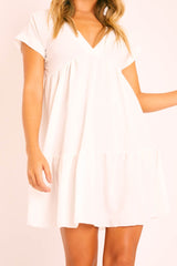 White Plunge Neckline Tiered Dress - Caralyn-Dresses