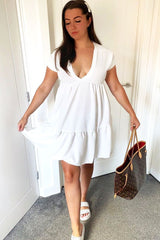 White Plunge Neckline Tiered Dress - Caralyn-Dresses
