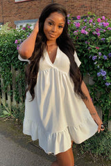 White Plunge Neckline Tiered Dress - Caralyn-Dresses