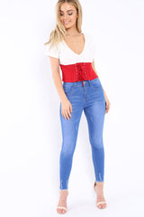 White Plunge Red Corset Lace Front Crop Top - Brinklee-Crop Tops