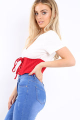 White Plunge Red Corset Lace Front Crop Top - Brinklee-Crop Tops