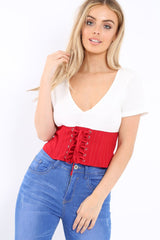 White Plunge Red Corset Lace Front Crop Top - Brinklee-Crop Tops