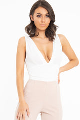 White Plunge Ruched Bodysuit - Sookie-Bodysuits