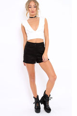 White Plunge Ruffle Crop Top With Cut Out Back - Nia-Crop Tops