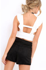 White Plunge Ruffle Crop Top With Cut Out Back - Nia-Crop Tops