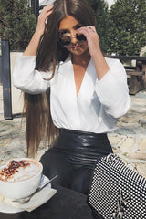 White Plunge Satin Bodysuit - Rebeka-Bodysuits