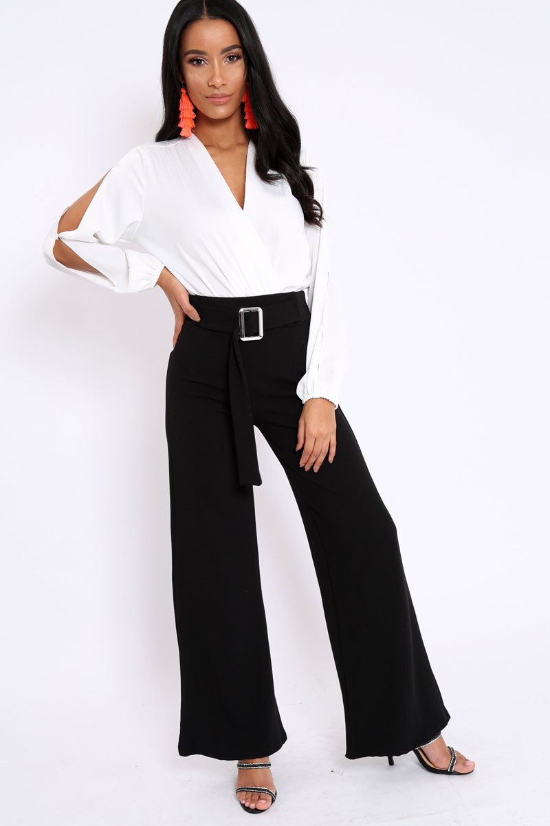 White Plunge Satin Bodysuit with Split Sleeves - Pema-Bodysuits