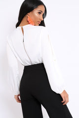 White Plunge Satin Bodysuit with Split Sleeves - Pema-Bodysuits