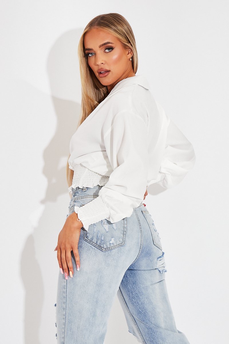 White Plunge Shirred Waist Top - Ciera-Crop Tops