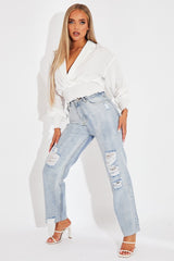 White Plunge Shirred Waist Top - Ciera-Crop Tops