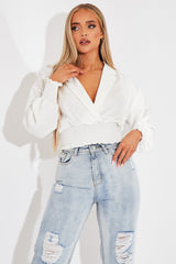White Plunge Shirred Waist Top - Ciera-Crop Tops