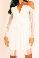 White Plunge Tulle Ruffle Cross Back Dress - Aerial-Dresses