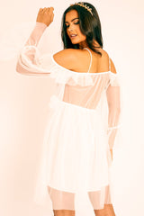 White Plunge Tulle Ruffle Cross Back Dress - Aerial-Dresses