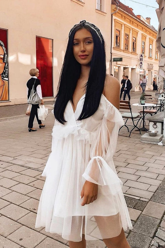 White Plunge Tulle Ruffle Cross Back Dress - Aerial