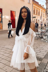 White Plunge Tulle Ruffle Cross Back Dress - Aerial-Dresses