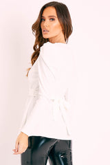 White Plunging Double Circle Belt Puff Shoulder Blouse - Catia-Blouse