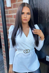 White Plunging Double Circle Belt Puff Shoulder Blouse - Catia-Blouse