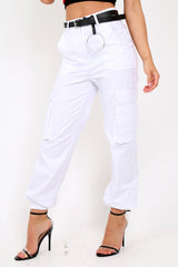 White Pocket High Waist Cargo Cuffed Trousers - Galya-Trousers