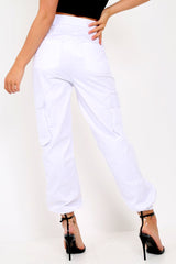 White Pocket High Waist Cargo Cuffed Trousers - Galya-Trousers