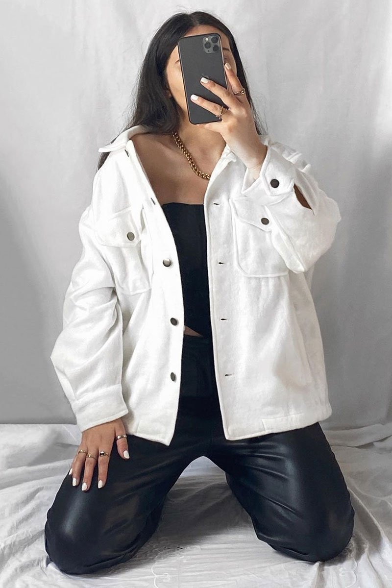 White Pocket Oversized Brushed Shacket - Caley-Shacket