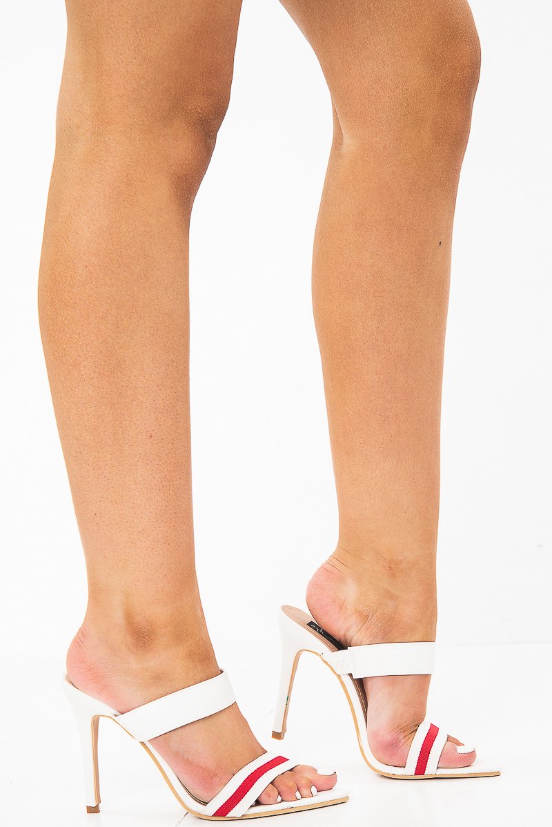 White Pointed Toe Sports Tape Mule Heels - Rochel-Heels