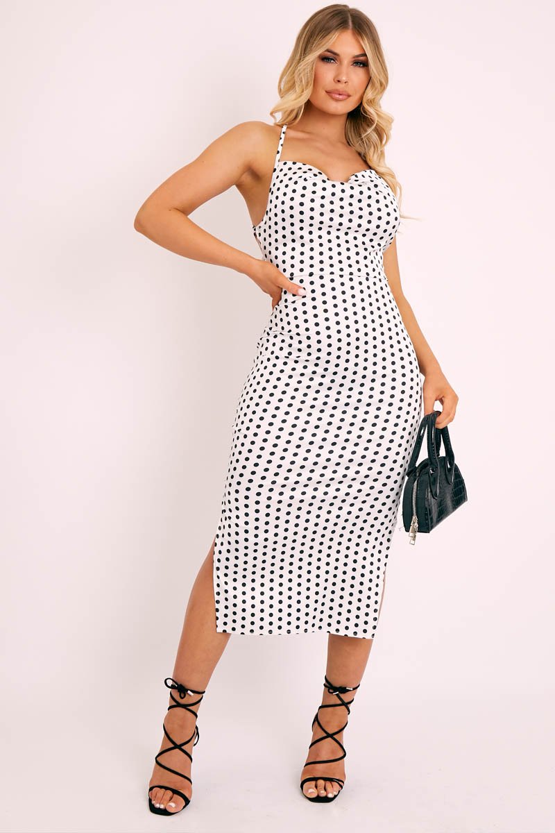 White Polka Cowl Neck Lace Back Midi Dress - Gracia-Dresses