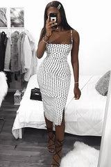 White Polka Cowl Neck Lace Back Midi Dress - Gracia-Dresses