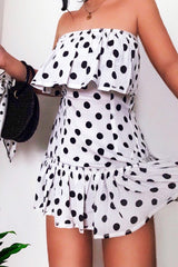 White Polka Dot Bardot Frill Dress - Izadora-Dresses