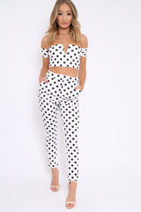 White Polka Dot Bardot and Trousers Co-ord Set - Jorgina-Co-ords