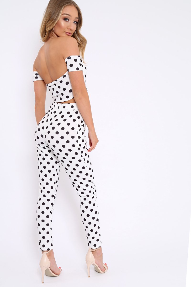 White Polka Dot Bardot and Trousers Co-ord Set - Jorgina-Co-ords
