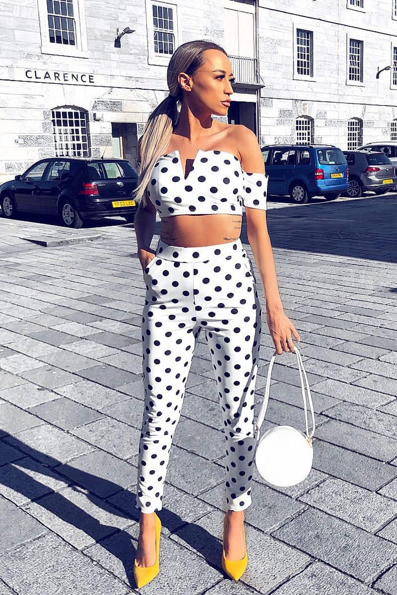 White Polka Dot Bardot and Trousers Co-ord Set - Jorgina-Co-ords