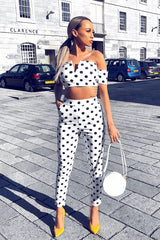 White Polka Dot Bardot and Trousers Co-ord Set - Jorgina-Co-ords