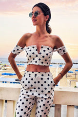 White Polka Dot Bardot and Trousers Co-ord Set - Jorgina-Co-ords