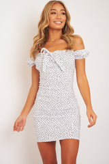 White Polka Dot Bow Detail Milkmaid Mini Dress - Galena-Dresses