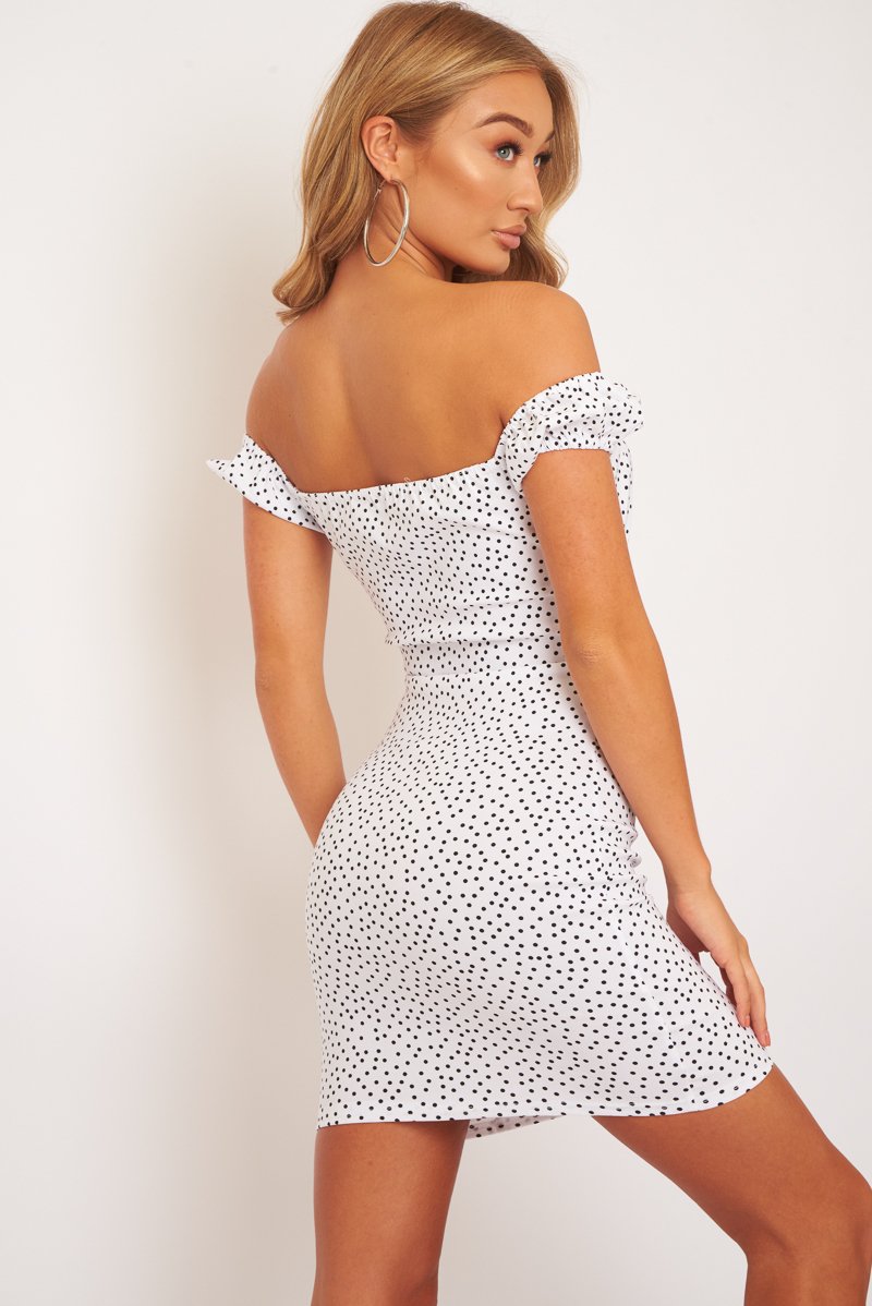 White Polka Dot Bow Detail Milkmaid Mini Dress - Galena-Dresses
