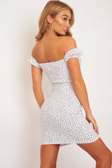 White Polka Dot Bow Detail Milkmaid Mini Dress - Galena-Dresses