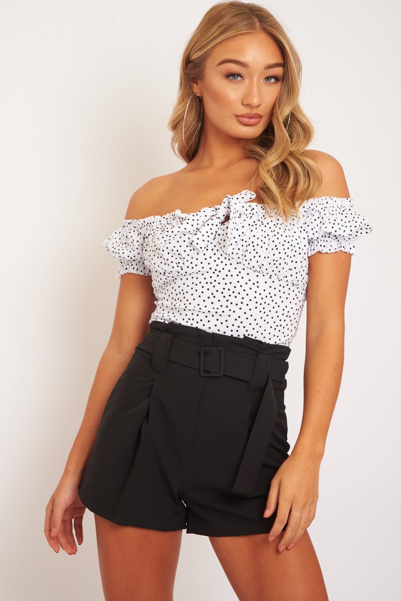 White Polka Dot Bow Detail Milkmaid Top - Freja-Tops