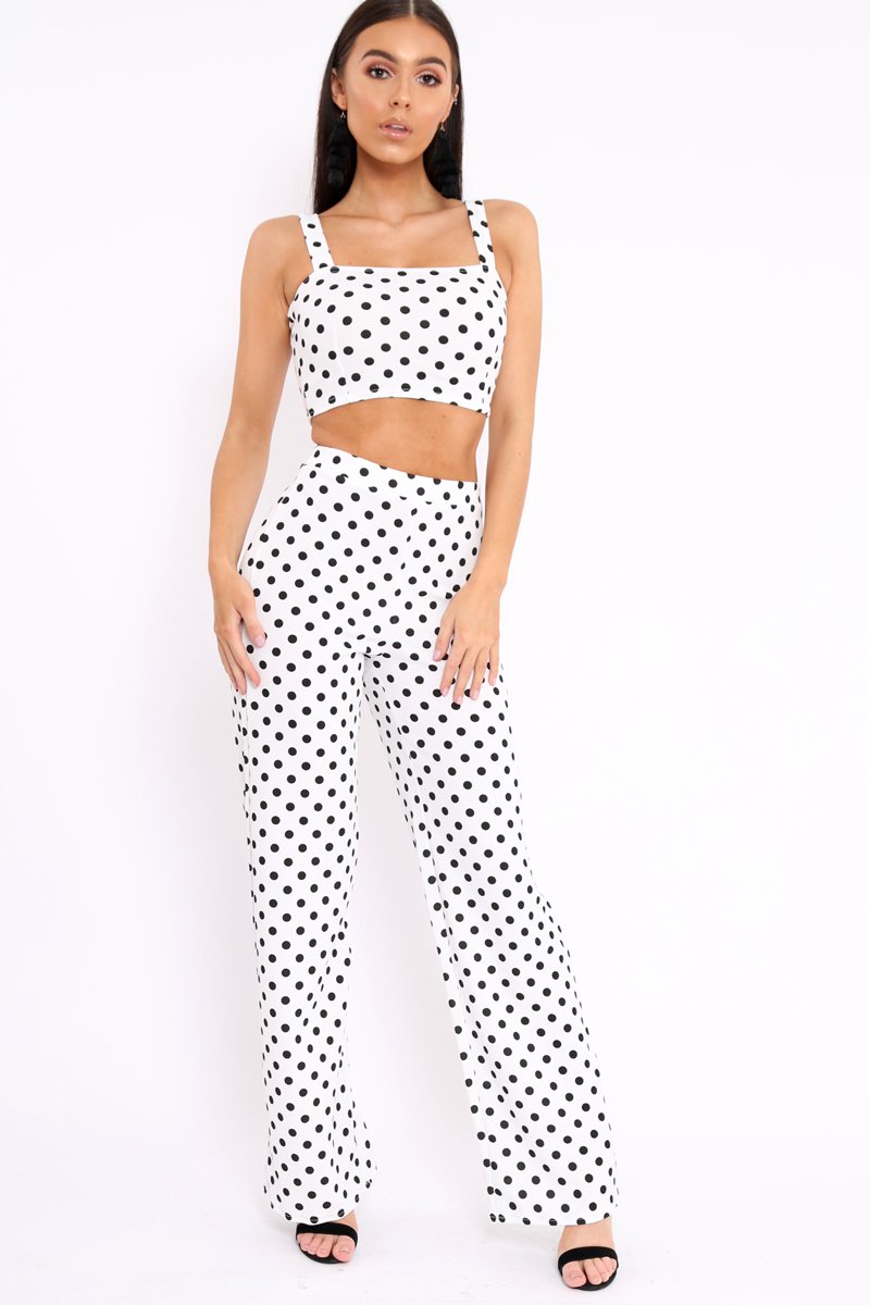 White Polka Dot Crop Top and Trousers Co-ord Set - Kimmy-Co-ords