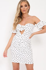 White Polka Dot Cut Out Bow Bardot Dress - Fariah-Dresses