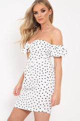 White Polka Dot Cut Out Bow Bardot Dress - Fariah-Dresses