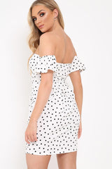 White Polka Dot Cut Out Bow Bardot Dress - Fariah-Dresses