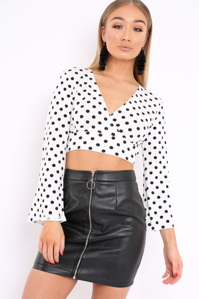 White Polka Dot Flare Sleeve Crop Top - Eshe-Crop Tops