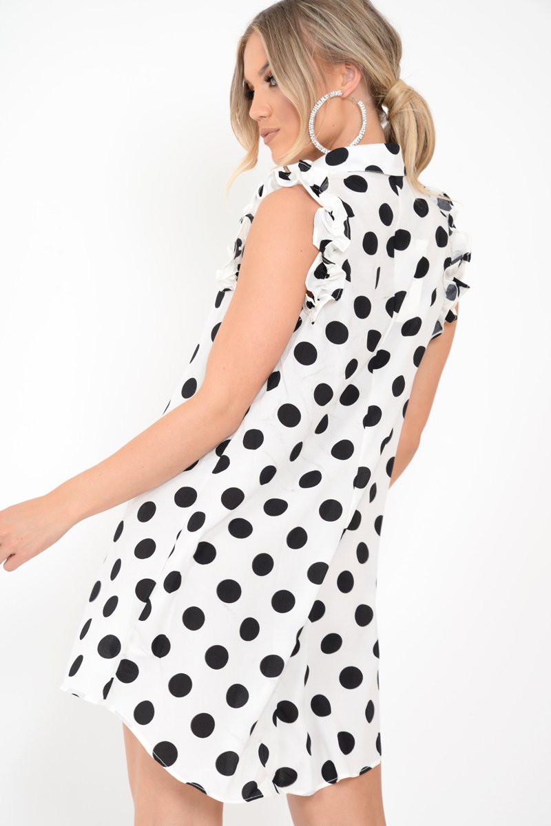 White Polka Dot Frill Shirt Dress - Baylin-Dresses