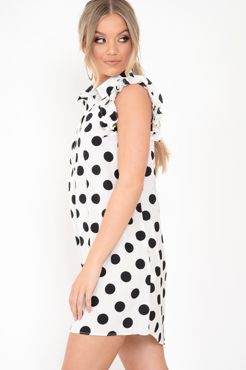 White Polka Dot Frill Shirt Dress - Baylin-Dresses