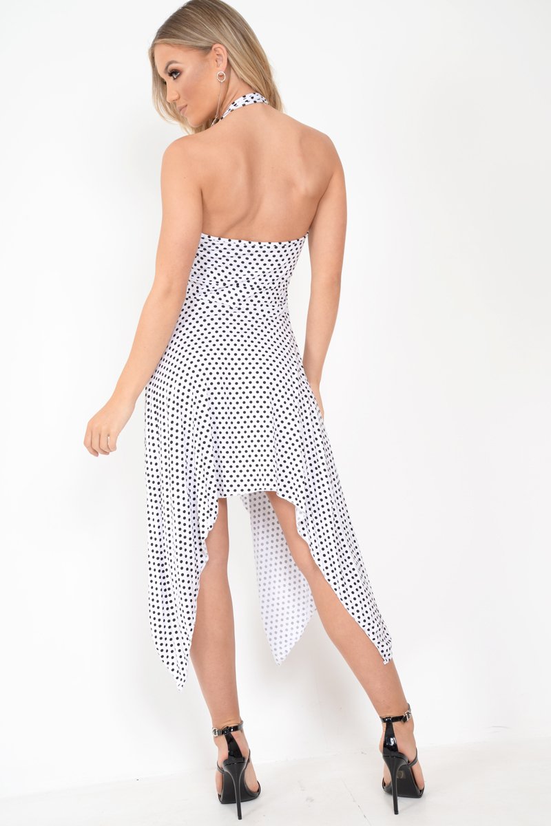 White Polka Dot Halterneck Tiered Hem Dress - Cailie-Dresses