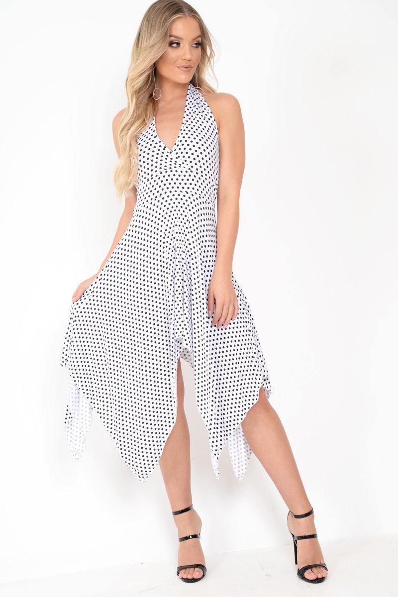 White Polka Dot Halterneck Tiered Hem Dress - Cailie-Dresses
