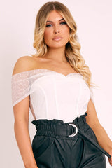 White Polka Dot Mesh Bardot Bodysuit - Sallie-Bodysuits