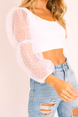 White Polka Dot Organza Sleeve Crop Top - Bianca-Crop Tops