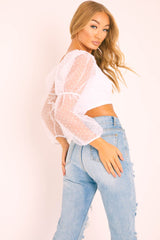 White Polka Dot Organza Sleeve Crop Top - Bianca-Crop Tops
