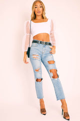 White Polka Dot Organza Sleeve Crop Top - Bianca-Crop Tops